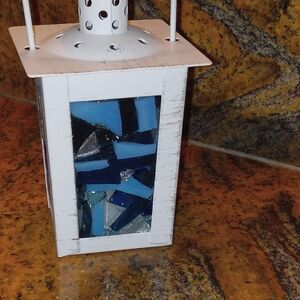 Candle lit multi colored glass mosaic lantern small sized